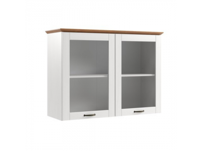 Armário aéreo com duas portas de vidro na cor branco lavado com honey / coleção Alma